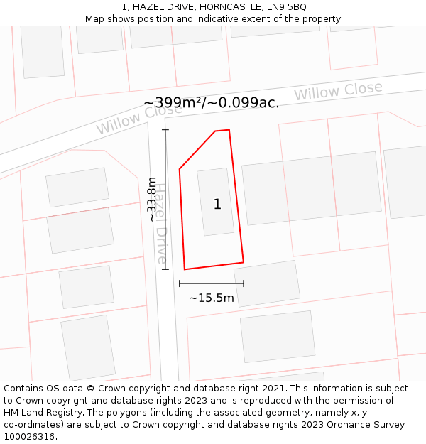 1, HAZEL DRIVE, HORNCASTLE, LN9 5BQ: Plot and title map