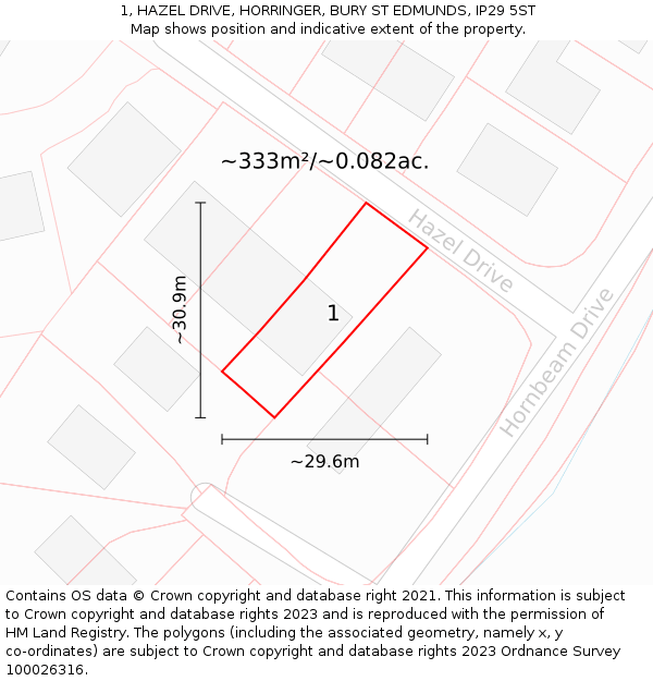 1, HAZEL DRIVE, HORRINGER, BURY ST EDMUNDS, IP29 5ST: Plot and title map