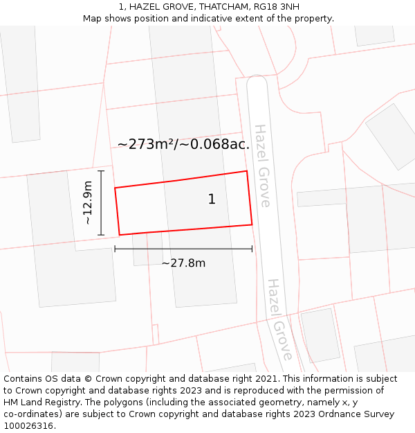 1, HAZEL GROVE, THATCHAM, RG18 3NH: Plot and title map