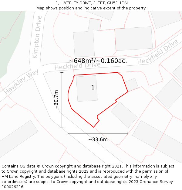 1, HAZELEY DRIVE, FLEET, GU51 1DN: Plot and title map