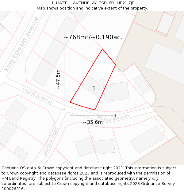 1, HAZELL AVENUE, AYLESBURY, HP21 7JF: Plot and title map