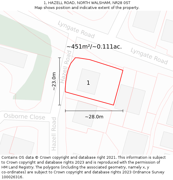 1, HAZELL ROAD, NORTH WALSHAM, NR28 0ST: Plot and title map