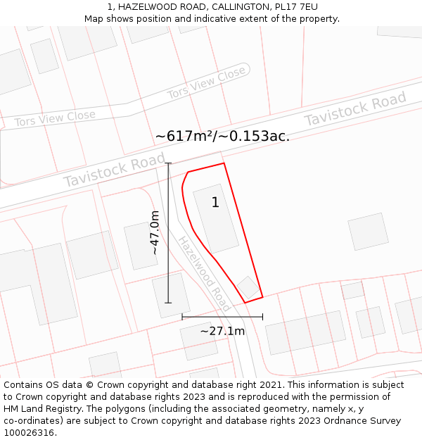 1, HAZELWOOD ROAD, CALLINGTON, PL17 7EU: Plot and title map