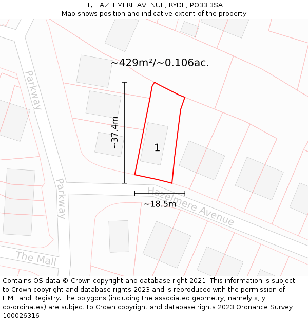 1, HAZLEMERE AVENUE, RYDE, PO33 3SA: Plot and title map