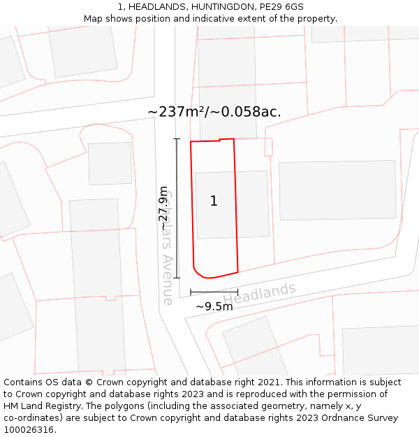 1, HEADLANDS, HUNTINGDON, PE29 6GS: Plot and title map