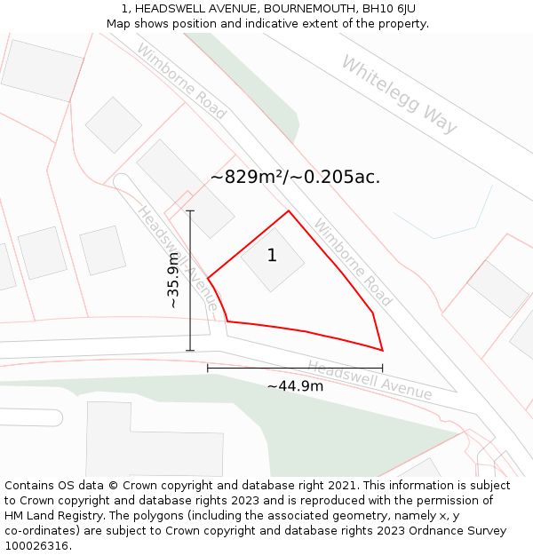 1, HEADSWELL AVENUE, BOURNEMOUTH, BH10 6JU: Plot and title map