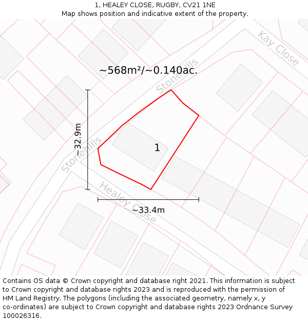 1, HEALEY CLOSE, RUGBY, CV21 1NE: Plot and title map