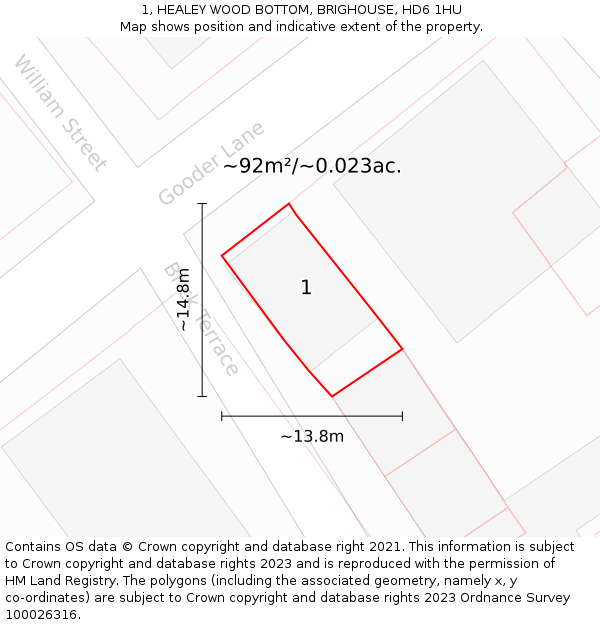 1, HEALEY WOOD BOTTOM, BRIGHOUSE, HD6 1HU: Plot and title map