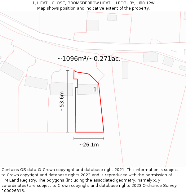 1, HEATH CLOSE, BROMSBERROW HEATH, LEDBURY, HR8 1PW: Plot and title map