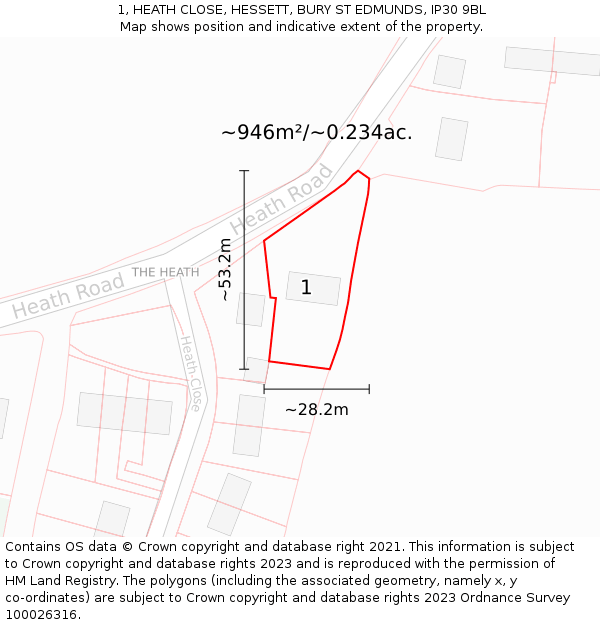 1, HEATH CLOSE, HESSETT, BURY ST EDMUNDS, IP30 9BL: Plot and title map