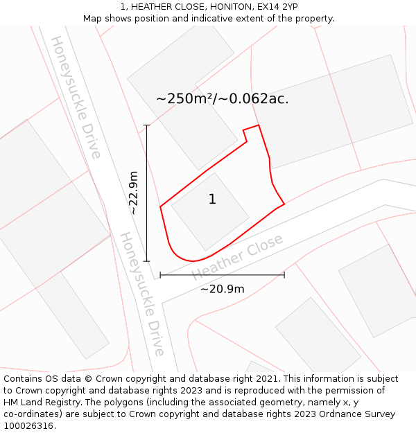 1, HEATHER CLOSE, HONITON, EX14 2YP: Plot and title map