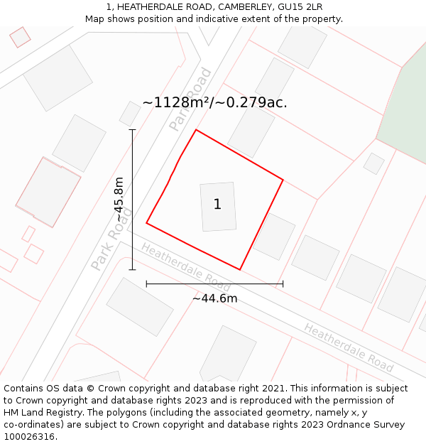1, HEATHERDALE ROAD, CAMBERLEY, GU15 2LR: Plot and title map