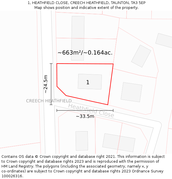 1, HEATHFIELD CLOSE, CREECH HEATHFIELD, TAUNTON, TA3 5EP: Plot and title map