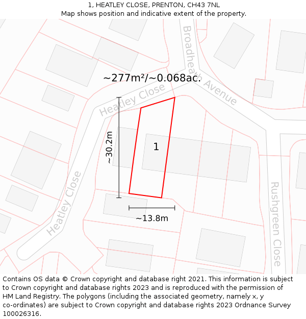 1, HEATLEY CLOSE, PRENTON, CH43 7NL: Plot and title map