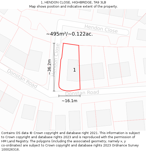 1, HENDON CLOSE, HIGHBRIDGE, TA9 3LB: Plot and title map