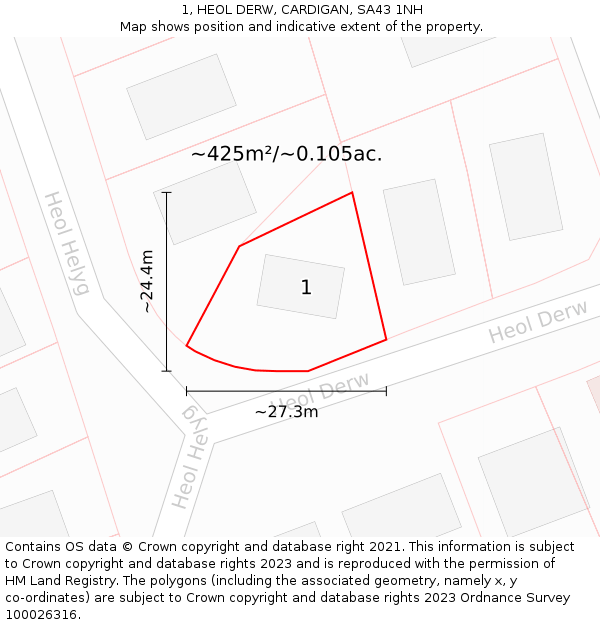 1, HEOL DERW, CARDIGAN, SA43 1NH: Plot and title map