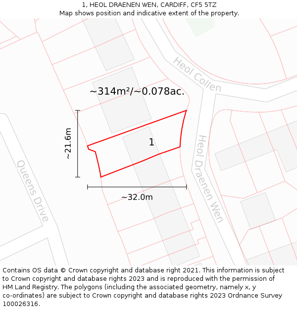 1, HEOL DRAENEN WEN, CARDIFF, CF5 5TZ: Plot and title map