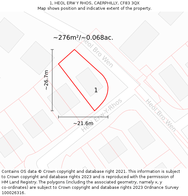 1, HEOL ERW Y RHOS, CAERPHILLY, CF83 3QX: Plot and title map