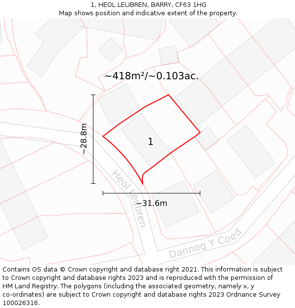 1, HEOL LEUBREN, BARRY, CF63 1HG: Plot and title map