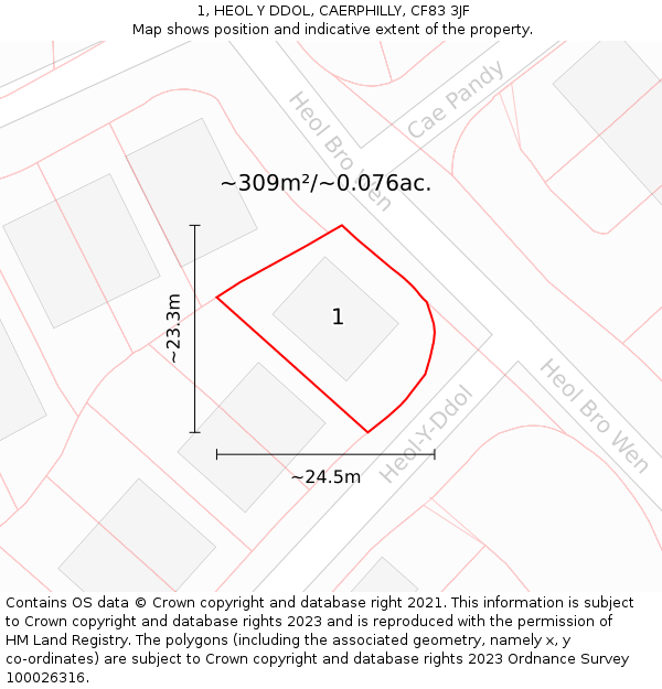 1, HEOL Y DDOL, CAERPHILLY, CF83 3JF: Plot and title map