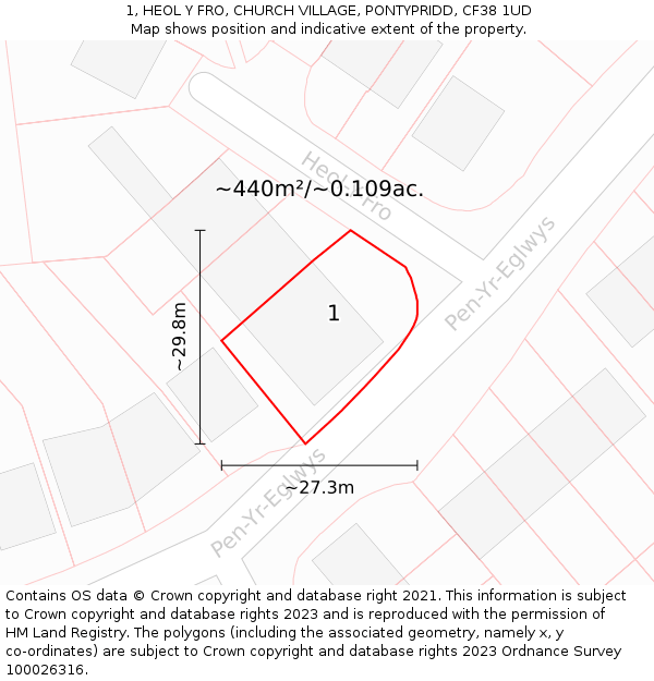 1, HEOL Y FRO, CHURCH VILLAGE, PONTYPRIDD, CF38 1UD: Plot and title map