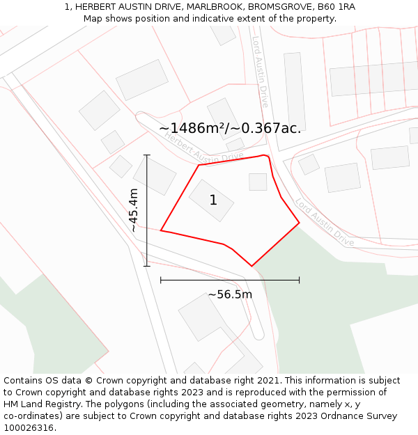 1, HERBERT AUSTIN DRIVE, MARLBROOK, BROMSGROVE, B60 1RA: Plot and title map