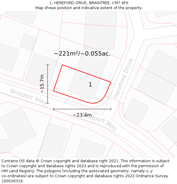 1, HEREFORD DRIVE, BRAINTREE, CM7 9FX: Plot and title map