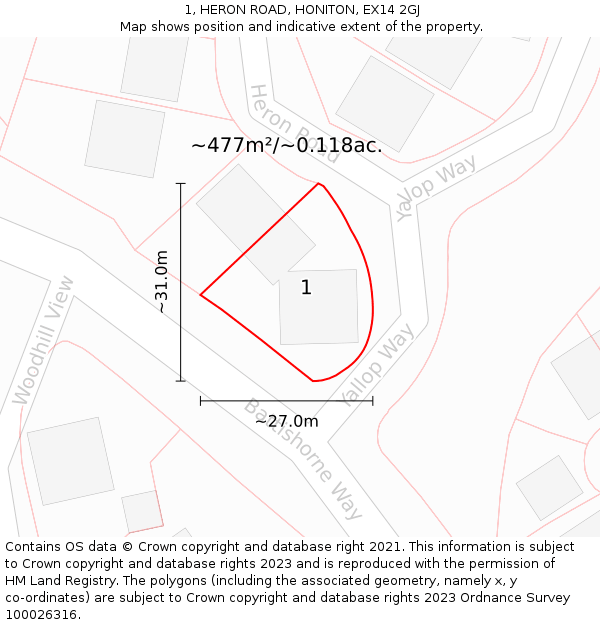 1, HERON ROAD, HONITON, EX14 2GJ: Plot and title map