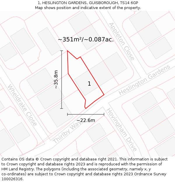 1, HESLINGTON GARDENS, GUISBOROUGH, TS14 6GP: Plot and title map