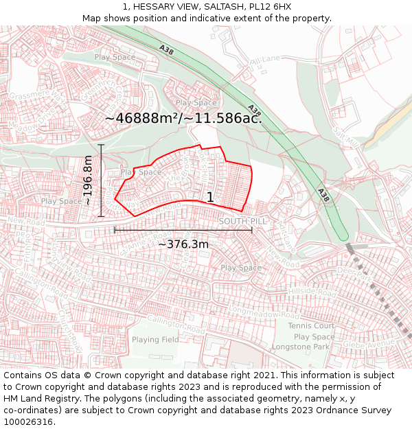 1, HESSARY VIEW, SALTASH, PL12 6HX: Plot and title map