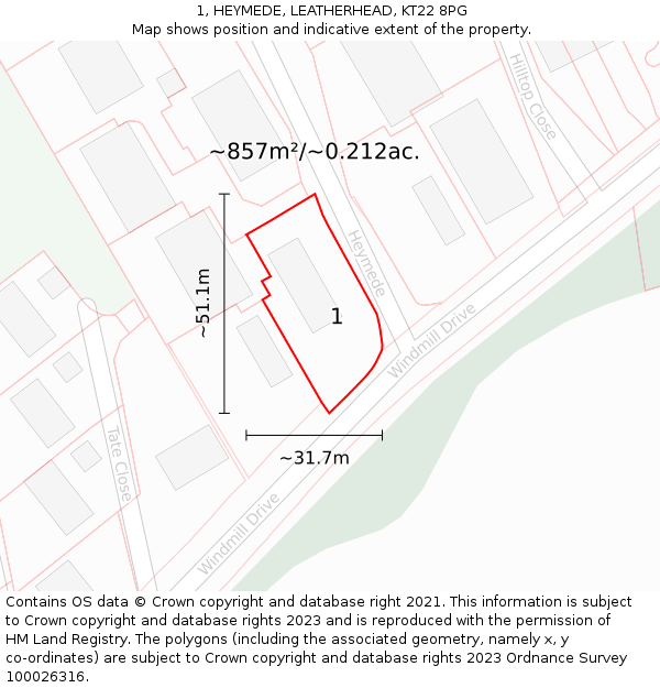 1, HEYMEDE, LEATHERHEAD, KT22 8PG: Plot and title map