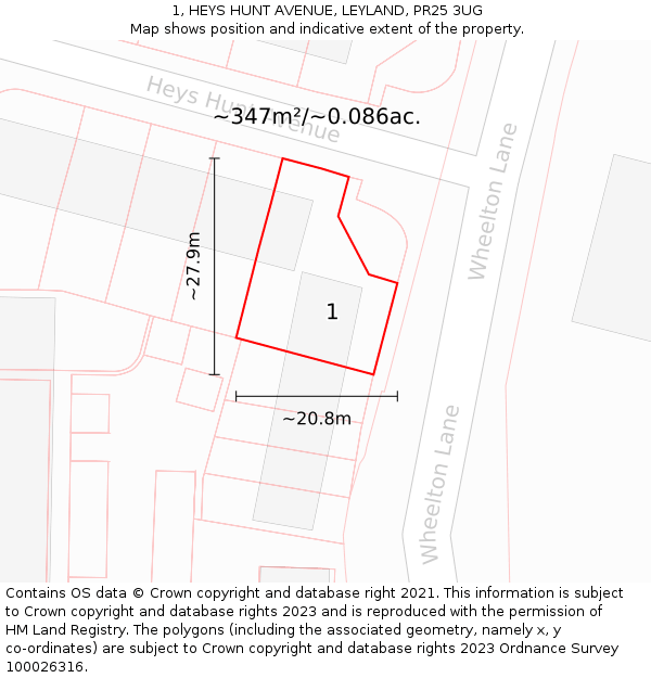 1, HEYS HUNT AVENUE, LEYLAND, PR25 3UG: Plot and title map