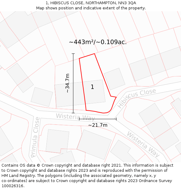 1, HIBISCUS CLOSE, NORTHAMPTON, NN3 3QA: Plot and title map