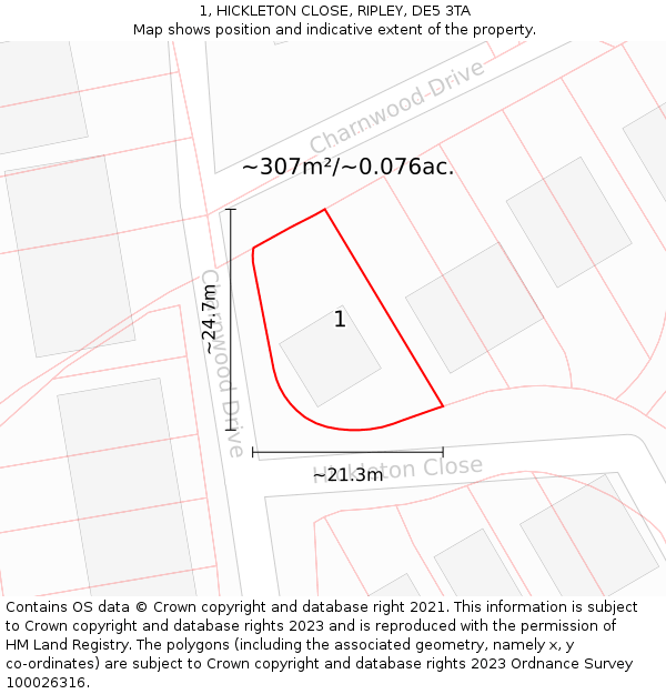 1, HICKLETON CLOSE, RIPLEY, DE5 3TA: Plot and title map