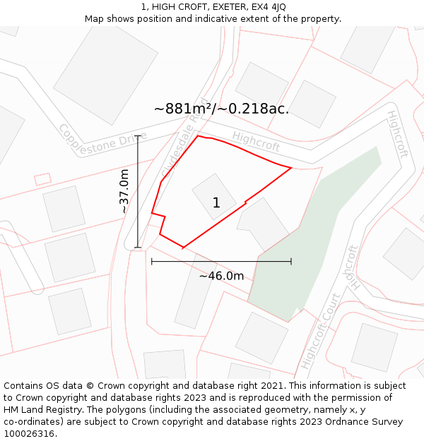 1, HIGH CROFT, EXETER, EX4 4JQ: Plot and title map