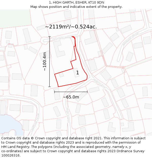 1, HIGH GARTH, ESHER, KT10 9DN: Plot and title map