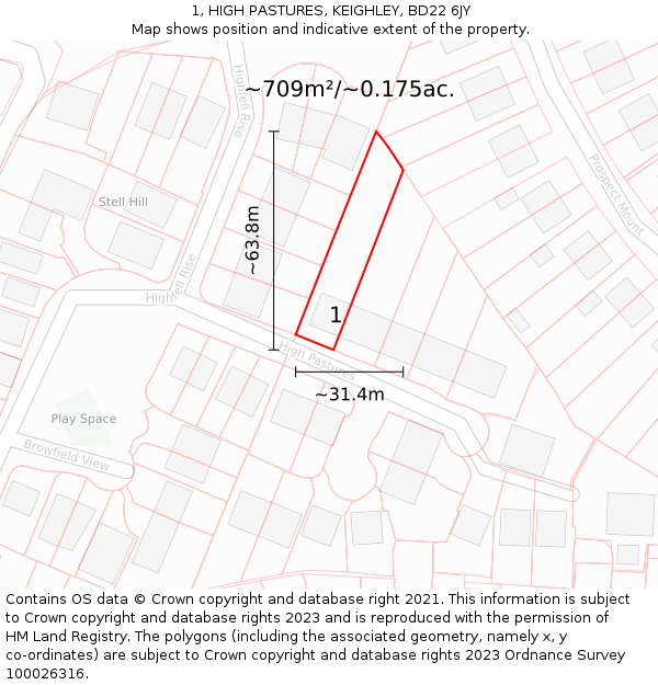 1, HIGH PASTURES, KEIGHLEY, BD22 6JY: Plot and title map