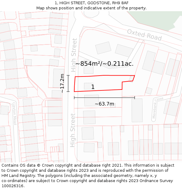 1, HIGH STREET, GODSTONE, RH9 8AF: Plot and title map