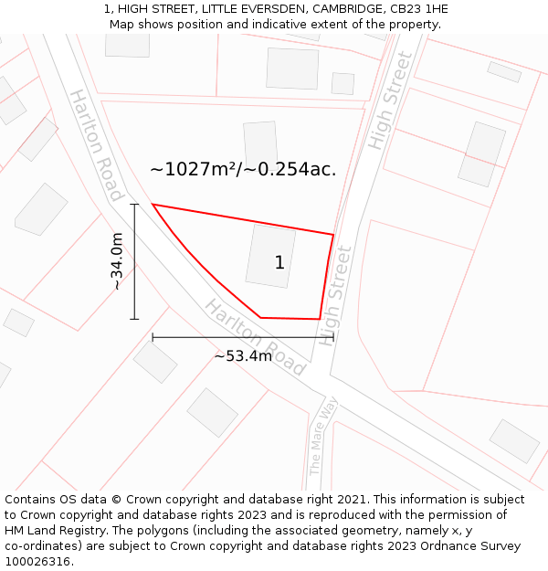 1, HIGH STREET, LITTLE EVERSDEN, CAMBRIDGE, CB23 1HE: Plot and title map