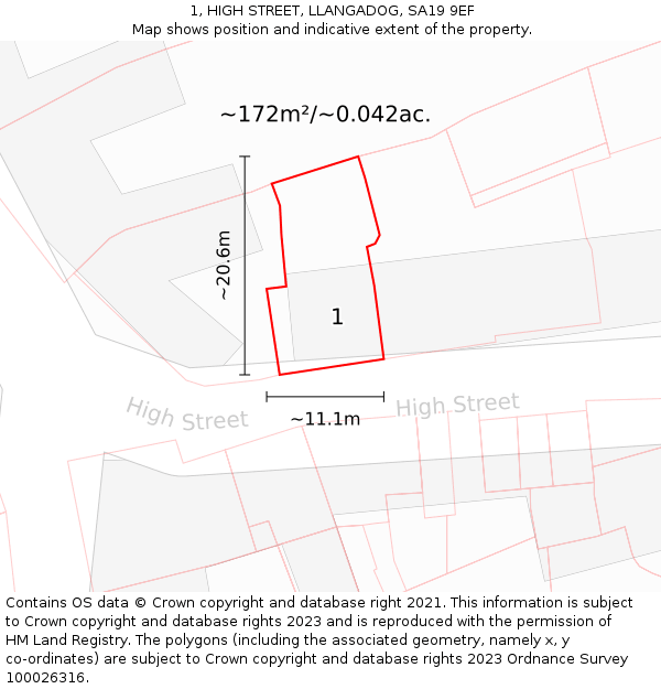 1, HIGH STREET, LLANGADOG, SA19 9EF: Plot and title map