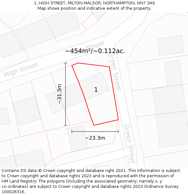 1, HIGH STREET, MILTON MALSOR, NORTHAMPTON, NN7 3AS: Plot and title map