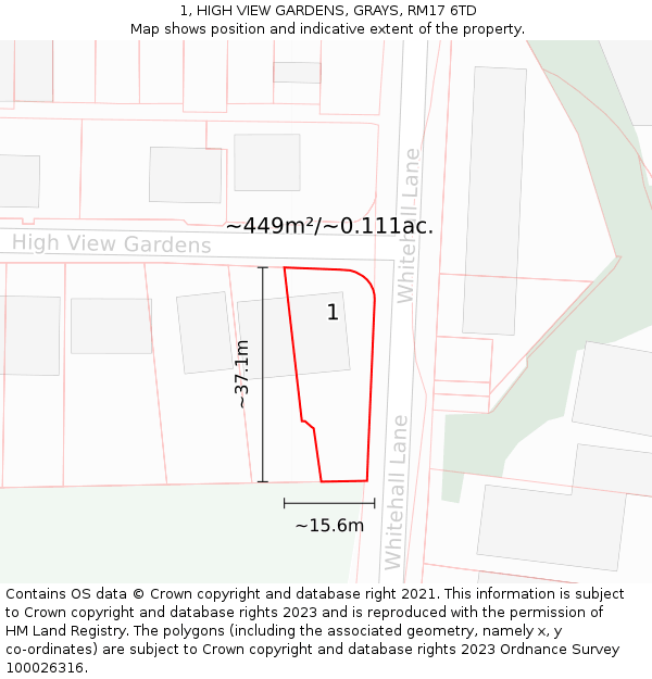 1, HIGH VIEW GARDENS, GRAYS, RM17 6TD: Plot and title map