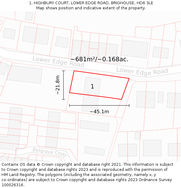 1, HIGHBURY COURT, LOWER EDGE ROAD, BRIGHOUSE, HD6 3LE: Plot and title map