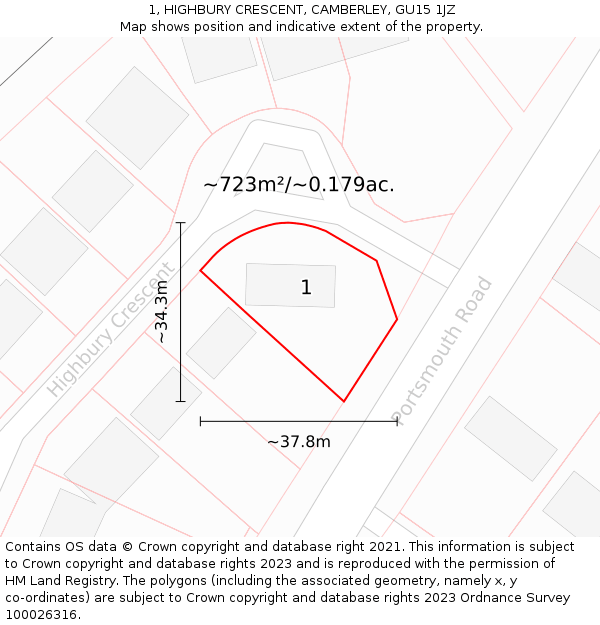 1, HIGHBURY CRESCENT, CAMBERLEY, GU15 1JZ: Plot and title map