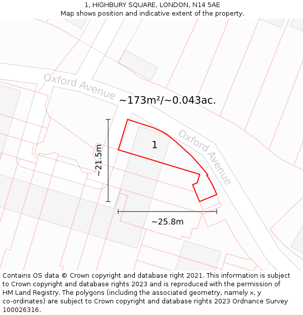 1, HIGHBURY SQUARE, LONDON, N14 5AE: Plot and title map