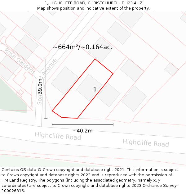 1, HIGHCLIFFE ROAD, CHRISTCHURCH, BH23 4HZ: Plot and title map