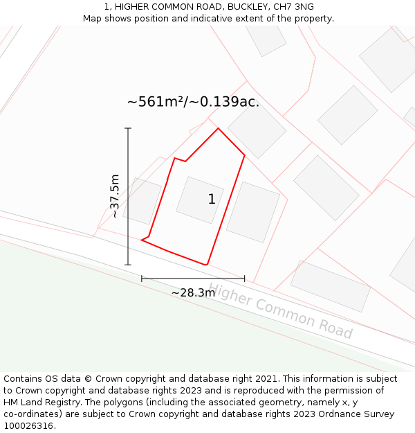 1, HIGHER COMMON ROAD, BUCKLEY, CH7 3NG: Plot and title map