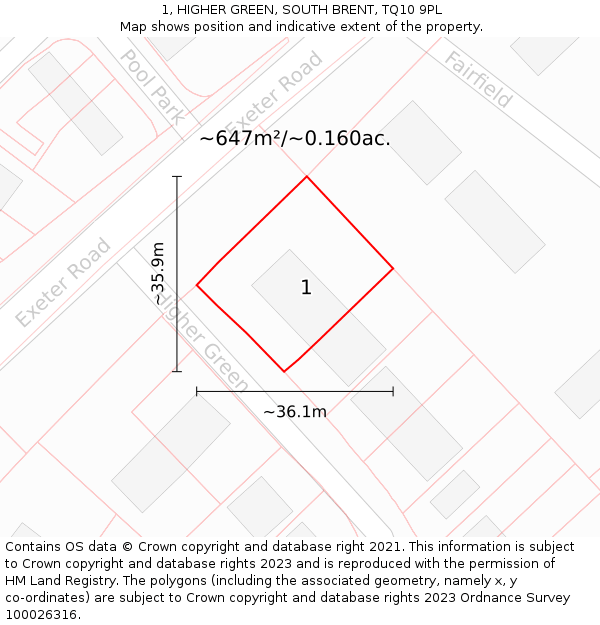 1, HIGHER GREEN, SOUTH BRENT, TQ10 9PL: Plot and title map