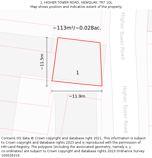 1, HIGHER TOWER ROAD, NEWQUAY, TR7 1QL: Plot and title map