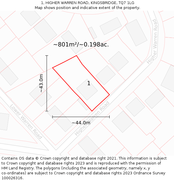 1, HIGHER WARREN ROAD, KINGSBRIDGE, TQ7 1LG: Plot and title map